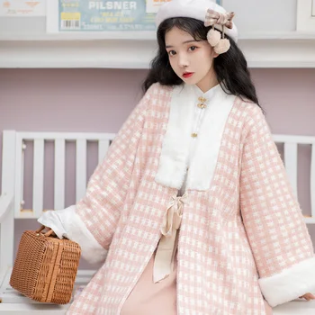 2 Boje Dinastije Ming Ханфу Duge haljine Haljina Kit Pink Karamela Zimski Vuneni Ogrtač Bijela Košulja Smeđa Kineski Stil Suknja s Лошадиным Lice