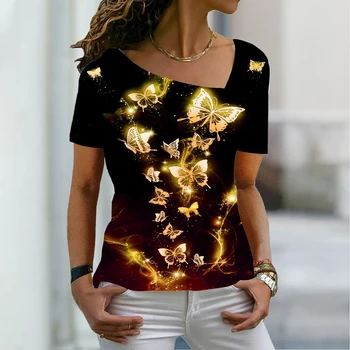2022 Godišnja ženska moda Casual Majica s Kravatom i po cijeloj površini u obliku Leptira, Osnovni Top s V-izrez, 3D t-Shirt s po cijeloj površini Veličine Plus