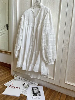 2022 ljetnim kvalitetne modne jednostavne bijele haljine s okruglog izreza za žene