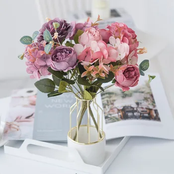 6 Glava Vjenčanje Skandinavski Buket Umjetnih Boja Lažni Cvijeće I Uređenje Prostorija Uređenje Plastični Buket Ruža Svila Cvijet