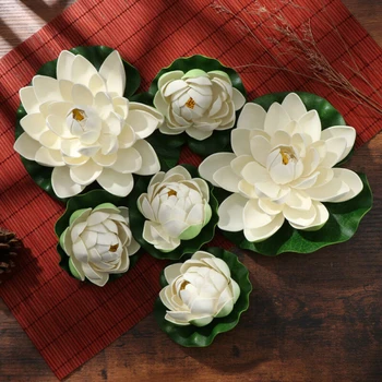 6 kom. Bijeli Umjetni Lotos Plastične Plutajuće Biljke Vodeni Ljiljan Lažni lotosov Cvijet List Ribnjak i Dvorište Kućni Akvarij Dekor