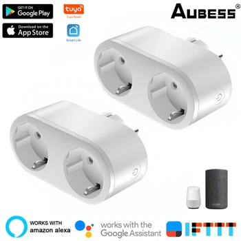 Aubess WiFi Dvostruka utičnica 16A EU Nožica 2 u 1 Prekidač Smart Life /TUYA App Daljinsko upravljanje Glasom Radi Alexa Google Home