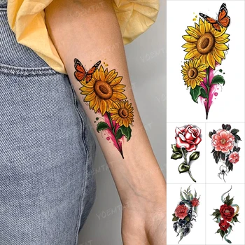 Boje, Vodootporne Privremeni Tattoo Naljepnice Suncokreta Ruža Božur Cvijeta Zmija I Škorpija Flash Tetovaže Žene Muškarci Body Art Lažnih Tetovaža