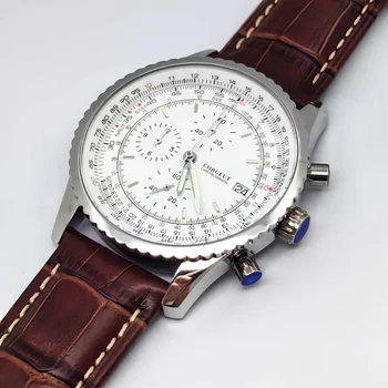 Corgeut kronograf muški ručni sat 45 mm kožni remen bijeli brojčanik Beg sekundi kvarcni sat W2870