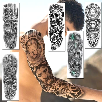 Crnci Privremene Tetovaže Sa Lavom maori Za Žene I Muškarce, Lažni Lubanju, Ruža, Vojni Rukav Tetovaža, Naljepnica, Realno, Puna Ruka, Velike Tetovaže