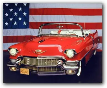 Crveni Cadillac s američkom zastavom, zidni ukras od klasičnih vozila, tisak umjetničkih plakata, 1956