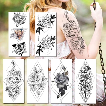 Geometrijski Tetovaže U Obliku Ruže, Lotosa, Realno, Lažni Privremene Tetovaže U Obliku Cvijeta Crnog, Predivna Vodootporna Tetovaže Za Body art Za Žene