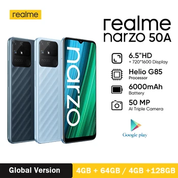 Globalna verzija Realme Narzo 50A Smartphone 4 GB, 64 GB Helio G85 6000 mah Mega Baterija 50 Mp AI Trostruka skladište 6,5 