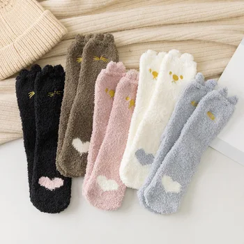 Jesenske i zimske kućni Čarape s vezom od koralnog runo, Slatka Čarape za Spavanje s Mačje Šape Srednje dužine, Čarape za seks