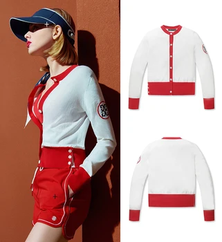 Košulje za golf, Ženski Modni Pletene Kardigan Bijele/crvene Kontrastne Boje, Kardigan na Zakopčane, Sportski Dres s Dugim Rukavima