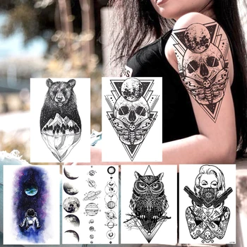 Kreativni Lubanja Smrti, Privremene Tetovaže, Naljepnica Za Žene, Muškarce, Body art Tattoo Na Ruci, Lažni Geometrijski Black Planet, Sova, Ганстер, Tetoviranje