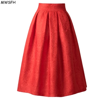 MWSFH Novi Faldas Ljeto Jesen Vintage Stil Suknja s visokim Strukom Radna Odjeća Midi Suknje Ženska Moda crvena crna Jupe Femme Saias