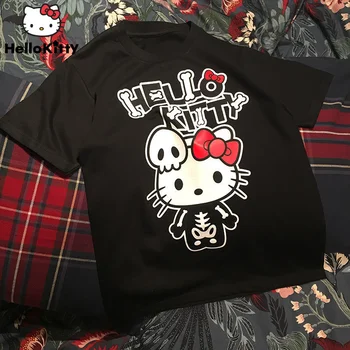 Sanrio Hello Kitty Halloween Dizajn Crne Majice S po cijeloj površini Kosti Majice Kratkih Rukava Оверсайз majice, Ženske, Muške i Ljetne Modne Majice