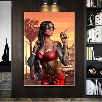 Seksi Loša Cool Djevojka Pušenje Plakat i Grafike Suvremena Umjetnost Platnu Zid Umjetnost Slika za Dnevni boravak Cuadros Ukras Kuće