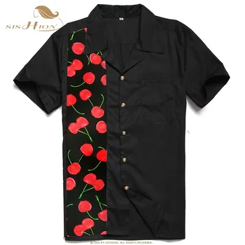 SISHION Vintage Muška Košulja u Rockabilly Stilu ST110 2021, Pamuk Kratkih Rukava, Elegantan Svakodnevni Crna Košulja s po cijeloj površini Trešnje za muškarce