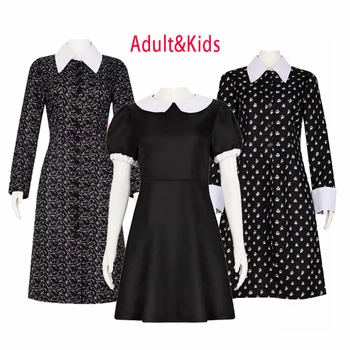 Srijeda Haljina Djevojke Djeca Anime Cosplay Žene Crni Gothic Vintage Večernja Haljina Srijeda Addams Odijelo Odijelo Perika