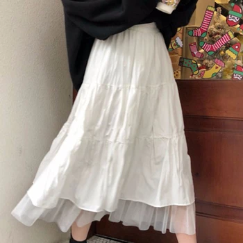 Suknja Maxi Duge Suknje za Žene Suknje Harajuku Suknje u Korejskom Stilu Crno Bijeli za Mlade Suknja s Visokim Strukom Školske Suknje