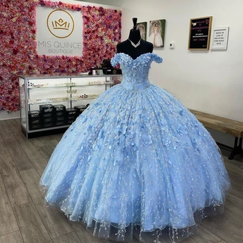 Svijetlo nebo plavo raskošnom haljina, Slatka je 16 haljinu s čipkom aplikacija, loptu haljina čipka-up s otvorenim ramenima, 15 maturalne zabave princeza