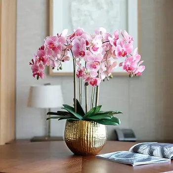 Umjetna Velike Sastav Orhideje Zlatna Okrugla Keramičke Vaze S Orhidejama-Leptire za uređenje Doma Vjenčanje Ukrasne Umjetno Cvijeće