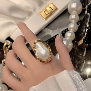 Vintage 2022 Modni Zlatna Boja Izjava Veliki Barokni Podesiva Otvorene Biserni Prsten za Žene Identitet Godišnje Modni Nakit