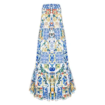 Visokokvalitetna novi modni godišnje duga suknja 2021, ženska elegantna plava i bijela porculan suknja u boemskom stilu, sa po cijeloj površini, svakodnevni Maxi suknja
