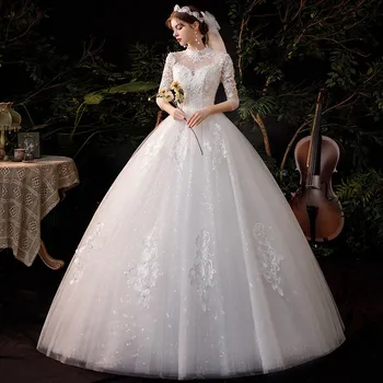 Vjenčanica 2021 Plemenito vjenčanicu S Rukava Tri Četvrtine, Elegantan Loptu Haljina S Visokim Воротом, Haljina Princeze, Vestido De Noiva, Plus Size
