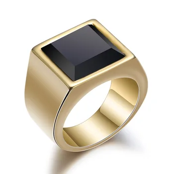 Vjenčano Prstenje Zlatne Boje za Muškarce od Nehrđajućeg Čelika Polirani Crni Kamen Kvadrat Prsten Dobre Kvalitete