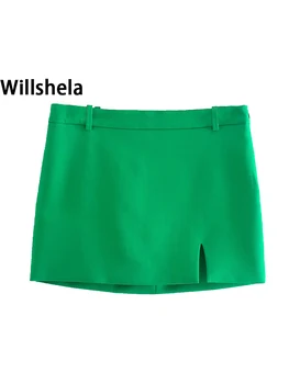 Willshela/ Ženska Moda Zelena Mini suknja s Prorezom sprijeda, visokog struka, bočni zatvarač Rez na Dnu, Šik Svakodnevne Ženske Kratke suknje