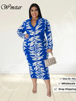 Wmstar Plus Size Haljina za Žene s po cijeloj površini, V-Oblika Otvor Košulje Dugih Rukava, Maxi-Haljinu, Elegantan Uredski Ženske haljine Veleprodaja, Дропшиппинг 2022