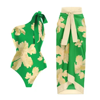 Zeleni kupaći Kostim čipka-up s po cijeloj površini na jedno rame, s visokim Strukom, Tanak Jednodijelni Bikini i suknja, Ljetna Elegantan Plaža odjeća s trbuščić 2022