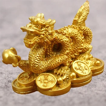 Zlatni Kineski povoljan zmaj kipić skulptura Feng Shui Uređenje Doma dnevni boravak spavaća soba ured ukras zmaj