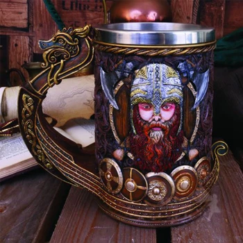 Драккар Viking Bubalo-Krigla Od Nehrđajućeg Čelika Umetanje 3D Smola Nordijski Bog je Jedan Kava Pivo Mugs Šalica Halloween rođendanski Poklon 600 ml