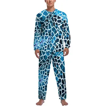 Пижама s po cijeloj površini Žirafa, Proljeće, 2 komada, Plavo-bijela Пижама u retro stilu, Komplet Muške Pidžame Dugih Rukava i Lokalne Uzorkom