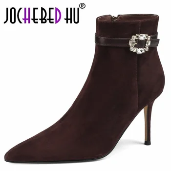 【JOCHEBED HU】 Ženske cipele na visoku petu, jesensko-zimske nove modne univerzalne antilop cipele na ukosnica od prave kože s oštrim vrhom
